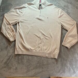 Tommy Hilfiger Mens 3XL Beige Oatmeal Heather Quarter Zip Mock Neck Sweater Logo